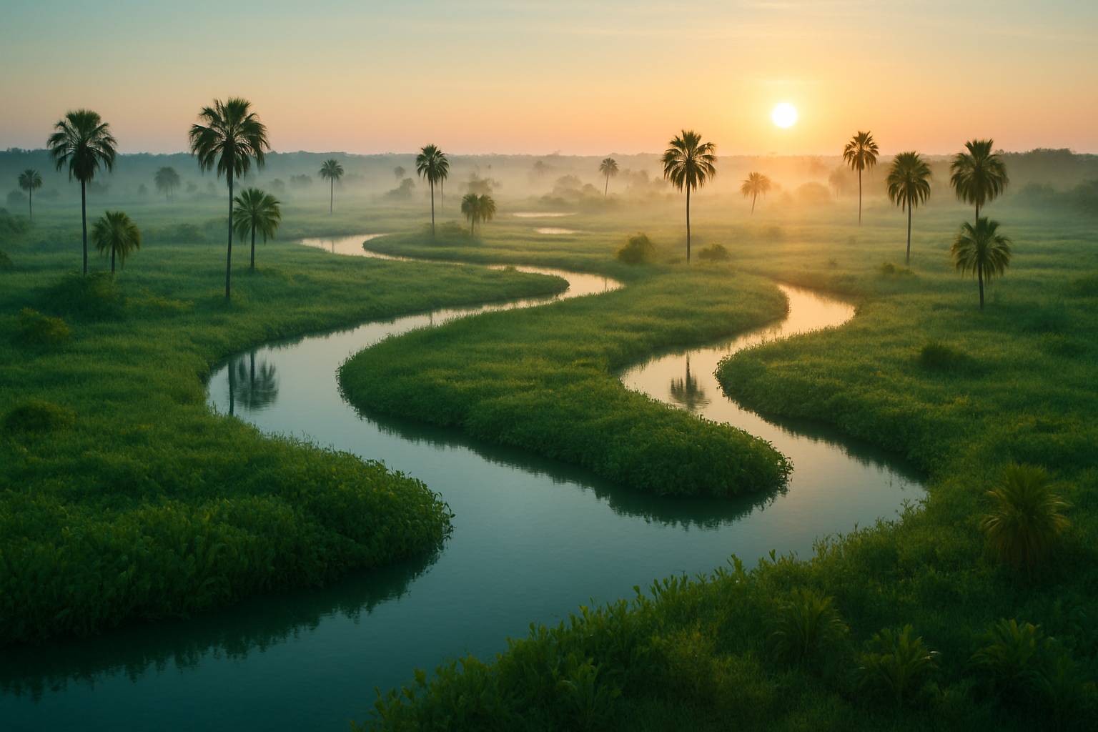 Pantanal wetlands with winding waterways and lush greenery at sunrise