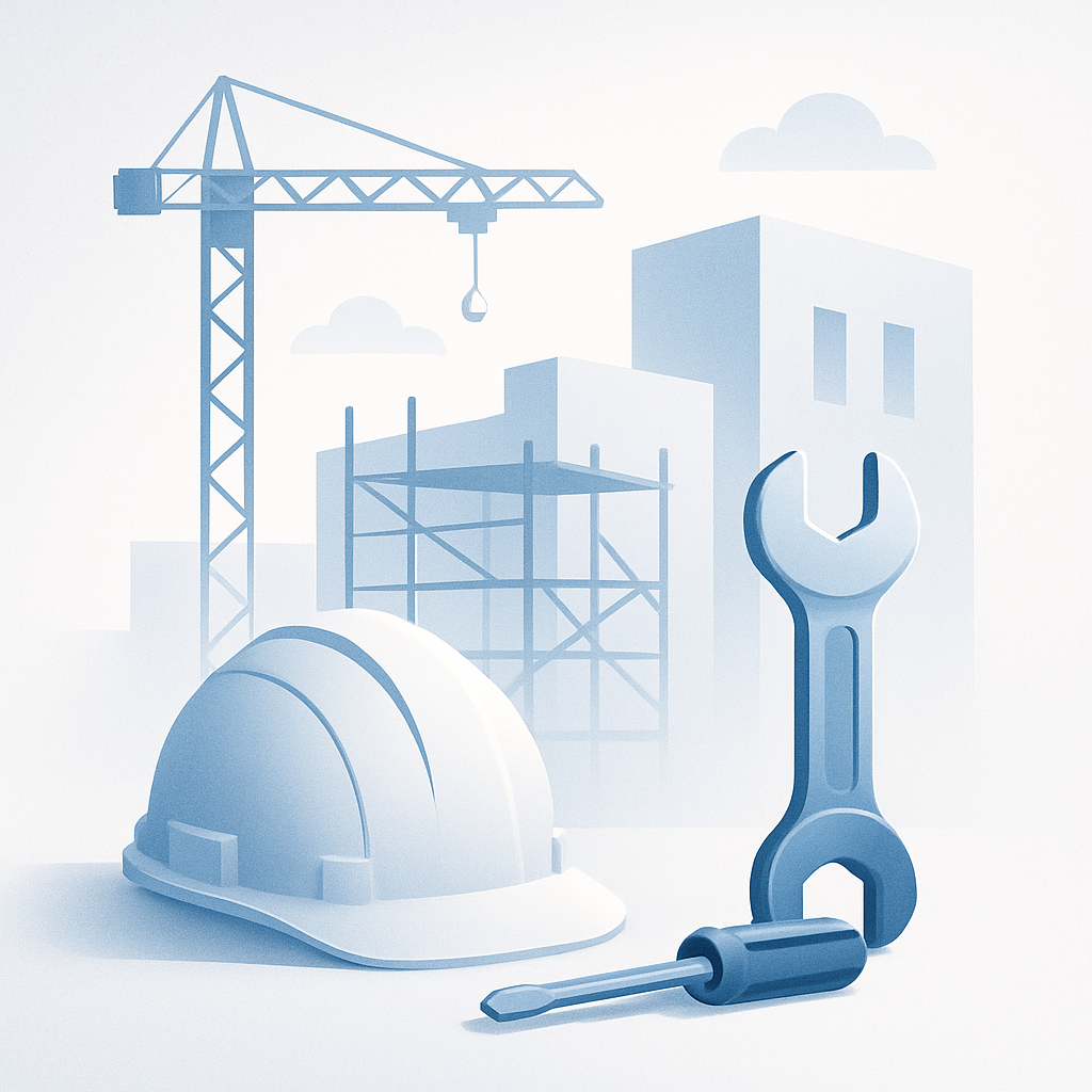 Modern construction-themed illustration with tools and scaffolding