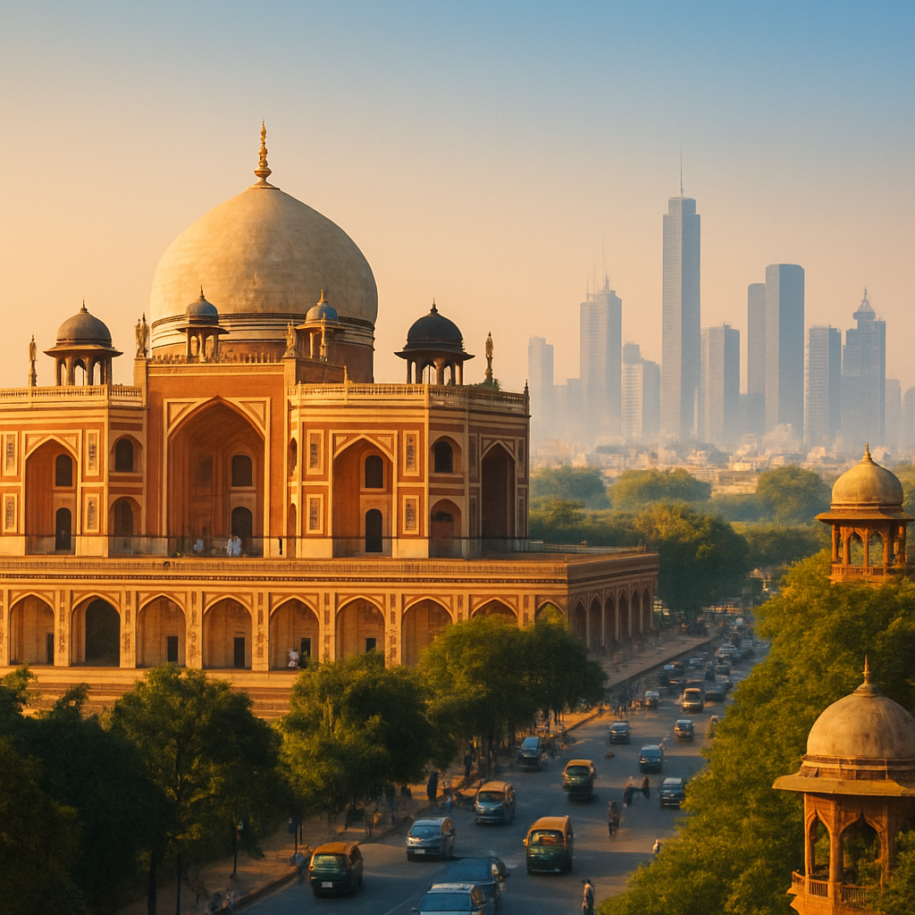 Old and New Delhi cityscape with historic monuments