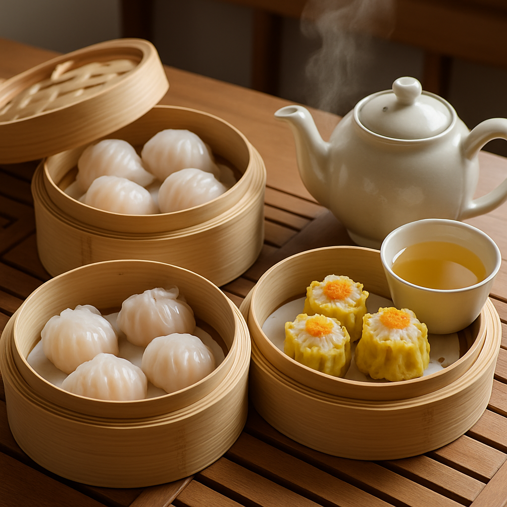 Bamboo steamers of shrimp and chicken dim sum with hot tea