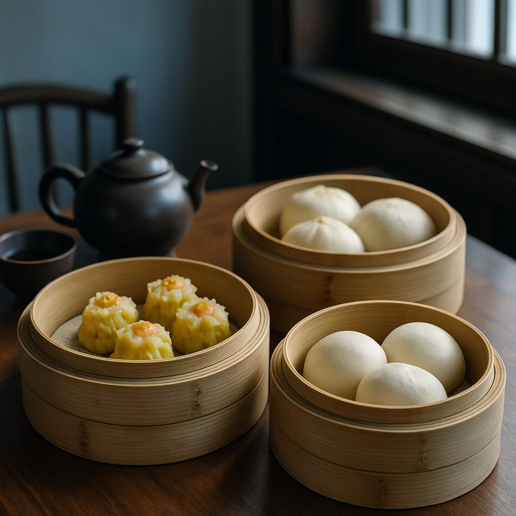 Bamboo steamers of dim sum in a tea house setting