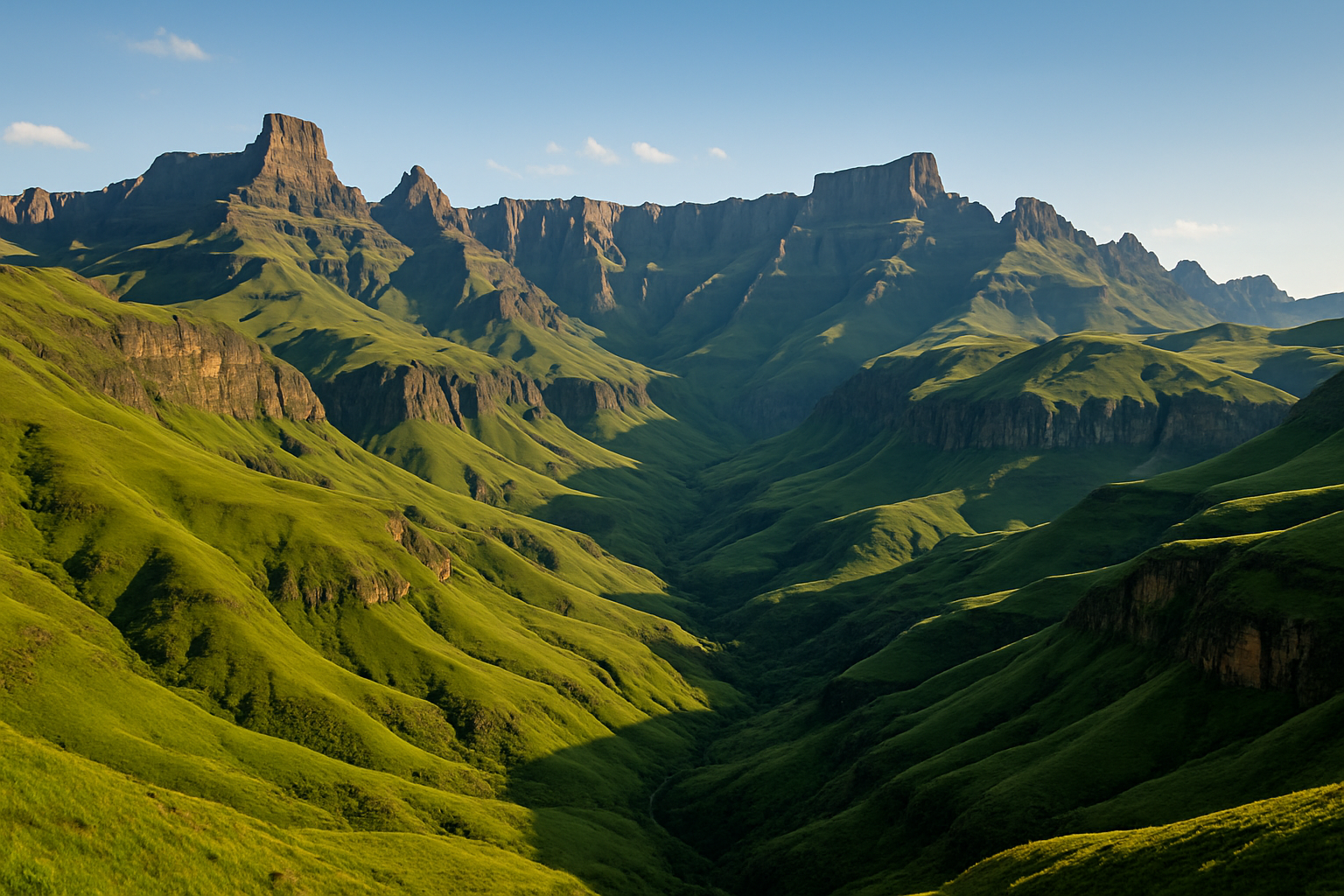 Drakensberg mountain range with green valleys