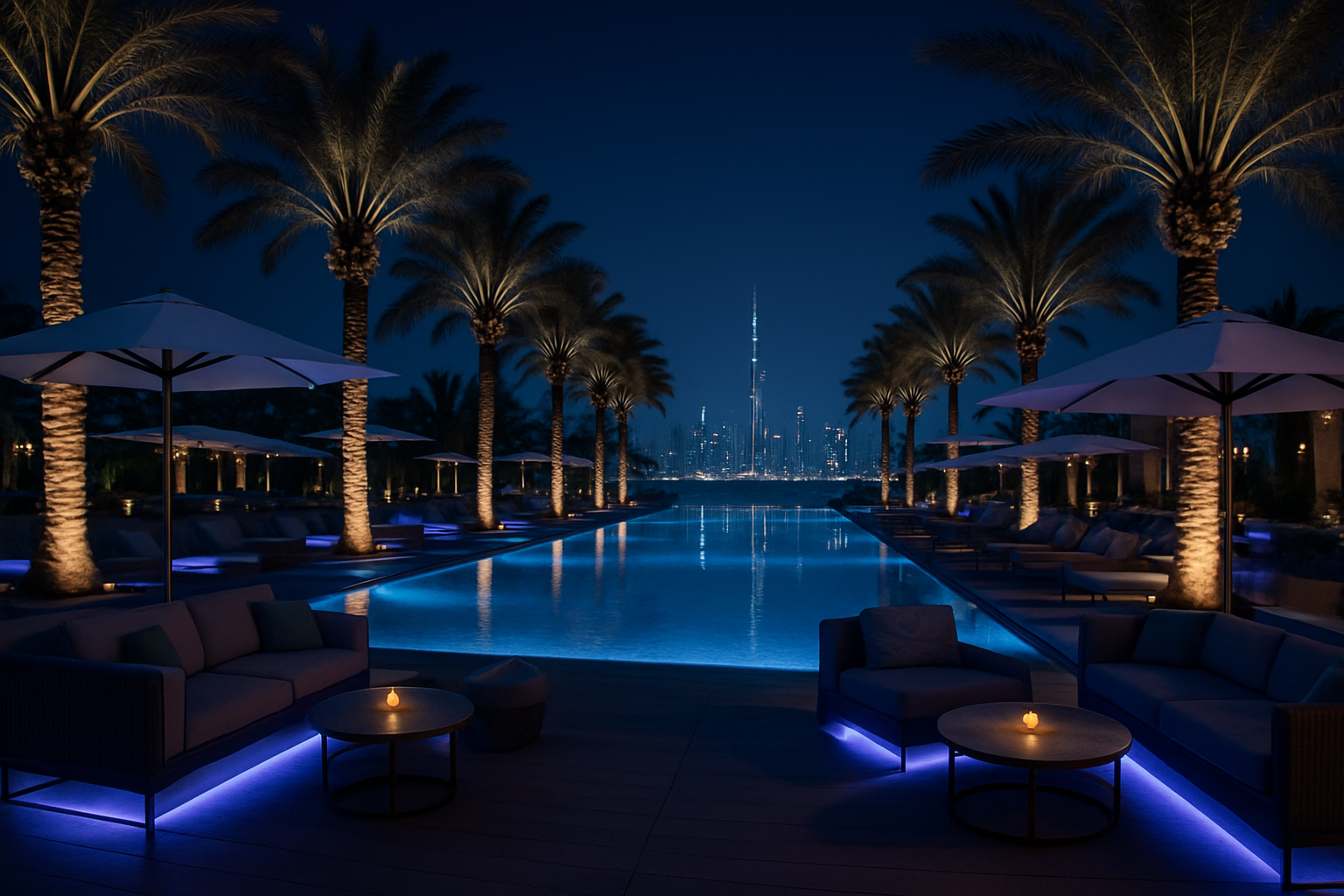 Beach club nightlife with palm-lined pool and city lights