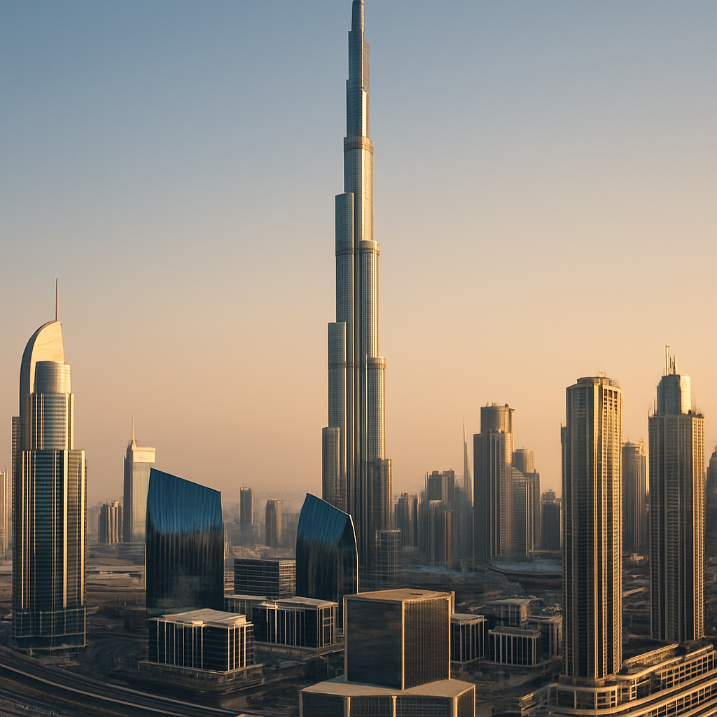 View of Burj Khalifa with golden light and modern downtown towers