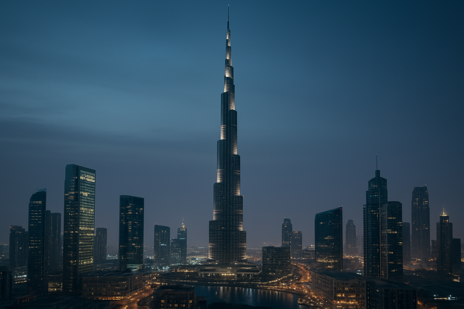 Burj Khalifa towering above modern Dubai skyline at dusk