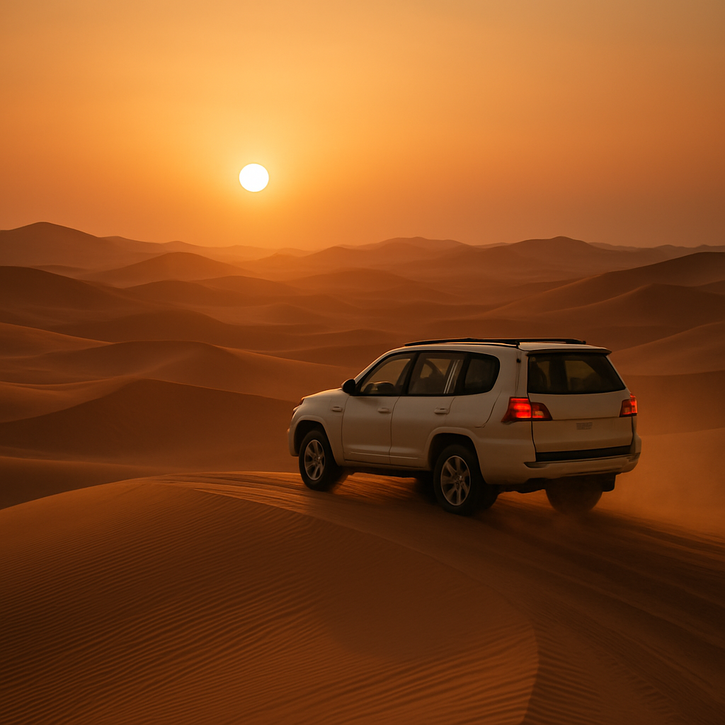 Golden sand dunes with a 4x4 vehicle during a desert safari at sunset