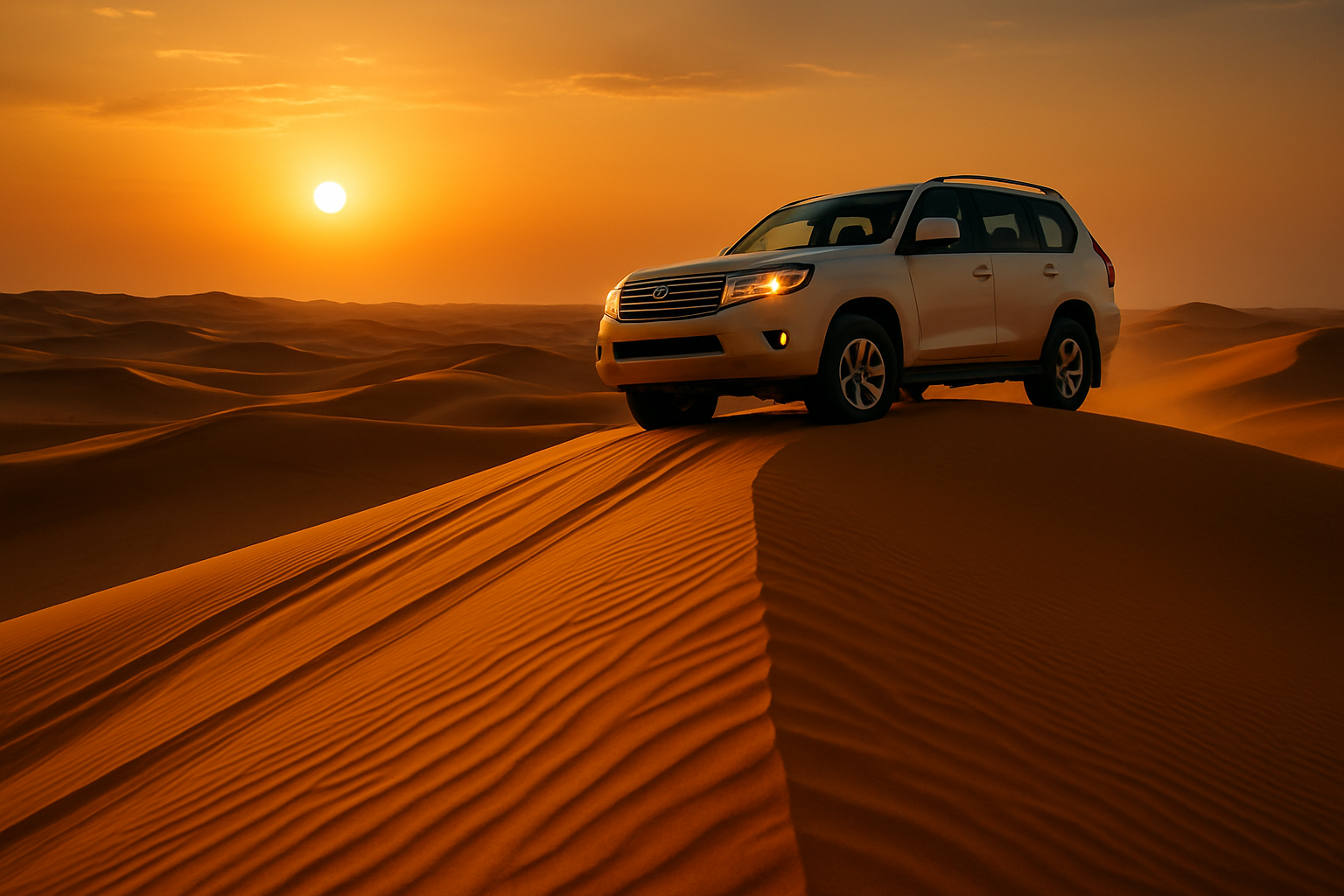 Golden desert dunes with a 4x4 vehicle and sunset light