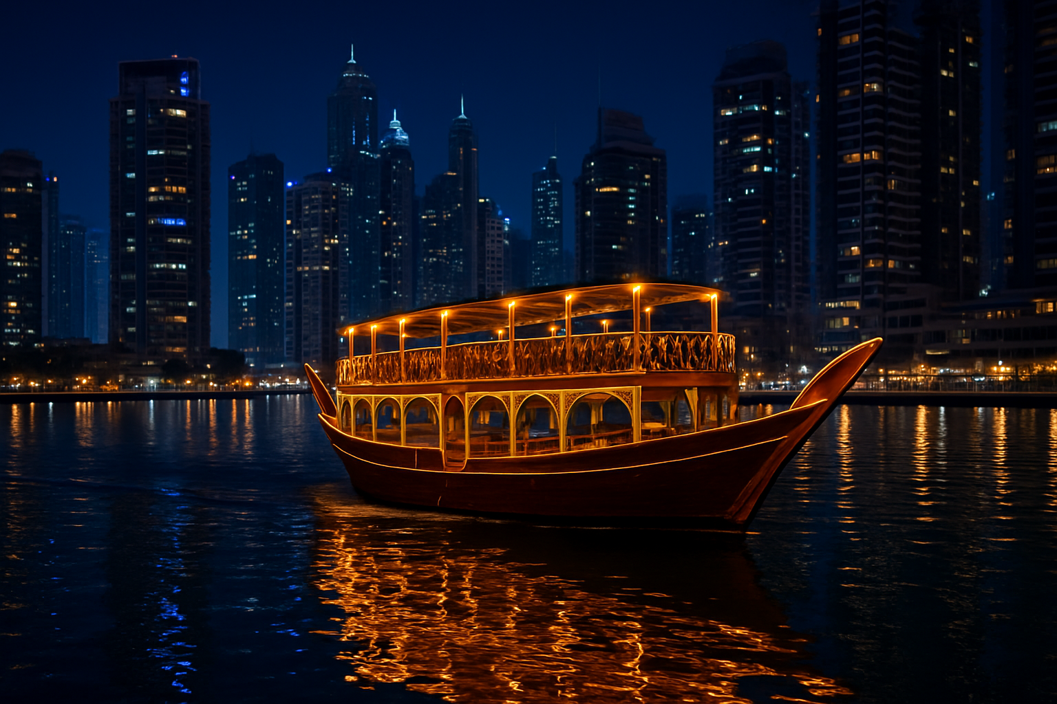 Traditional dhow cruise at night with skyline reflections