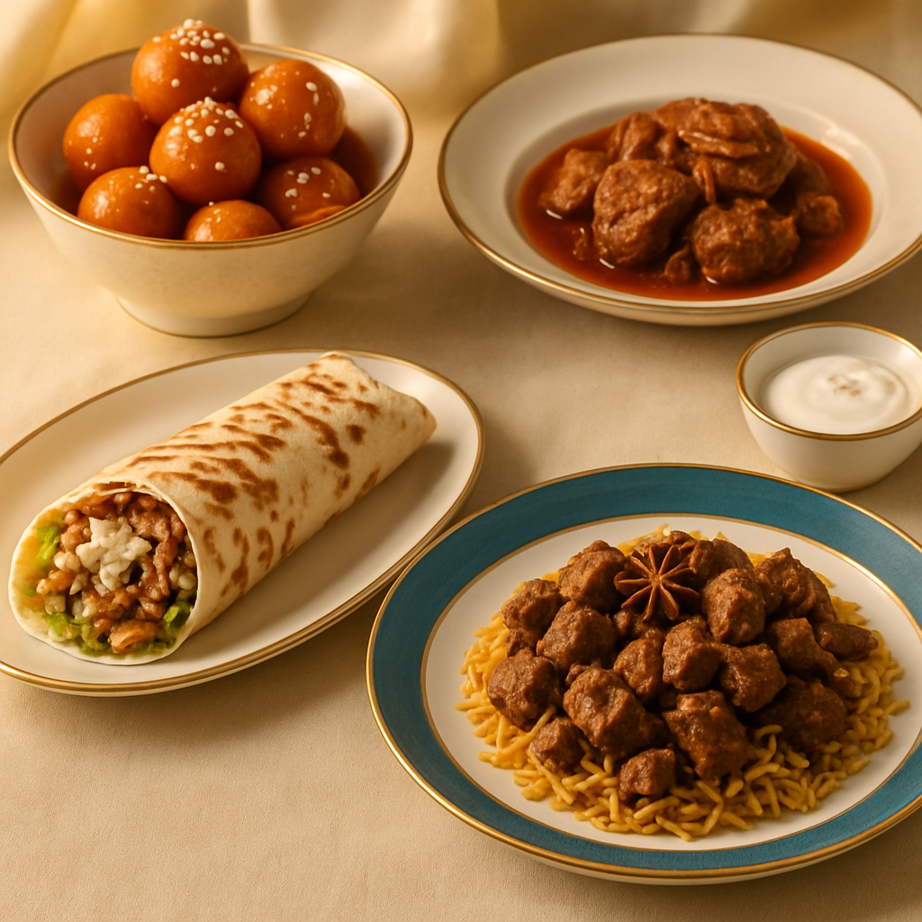 Traditional Emirati dishes including shawarma, luqaimat, and spiced camel meat on elegant plates