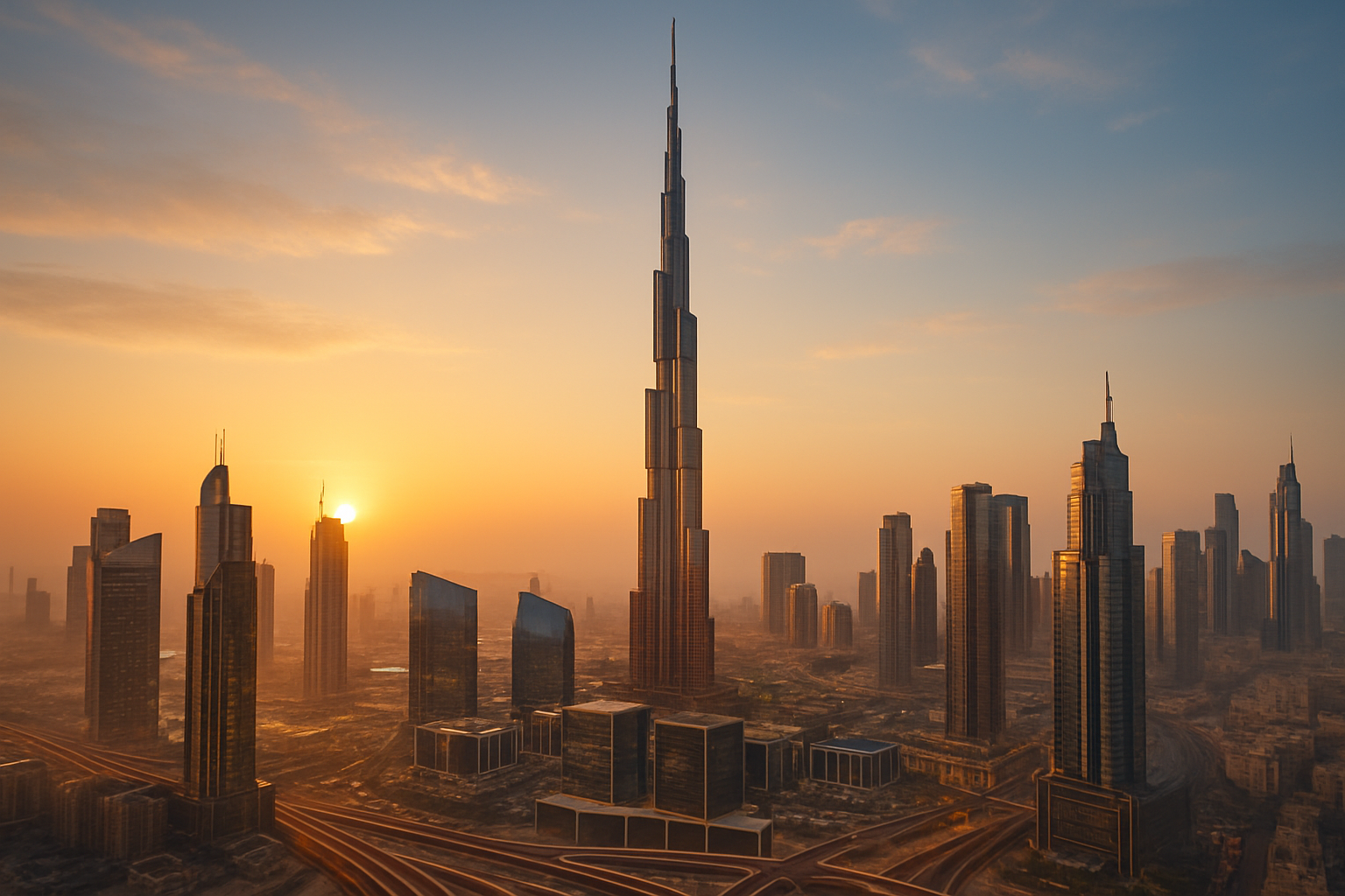 Dubai skyline with Burj Khalifa at sunset, glowing towers and warm desert light