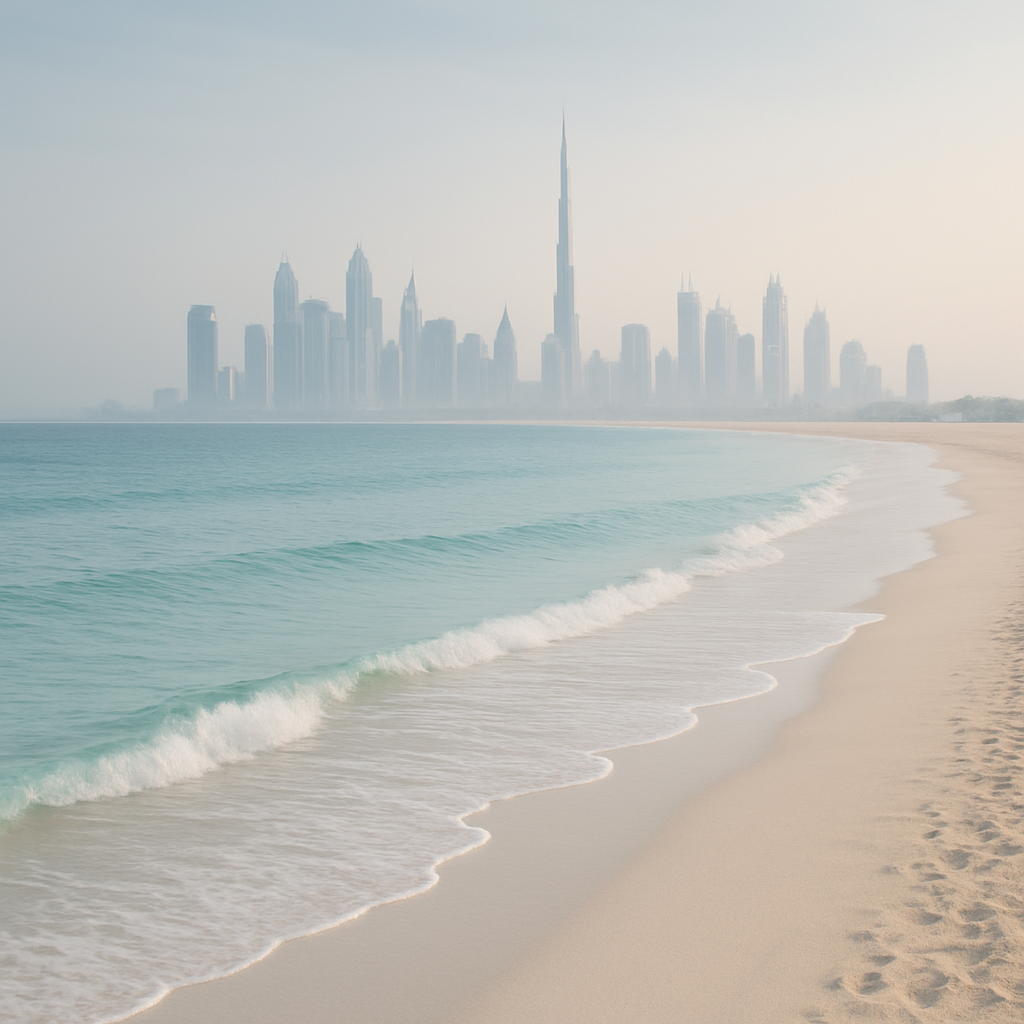 Jumeirah Beach shoreline with soft waves, white sand, and distant city towers