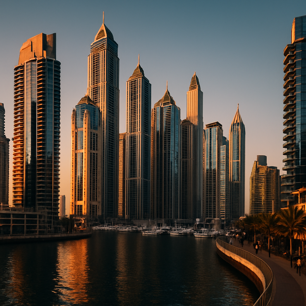 Dubai Marina towers and promenade in warm evening light