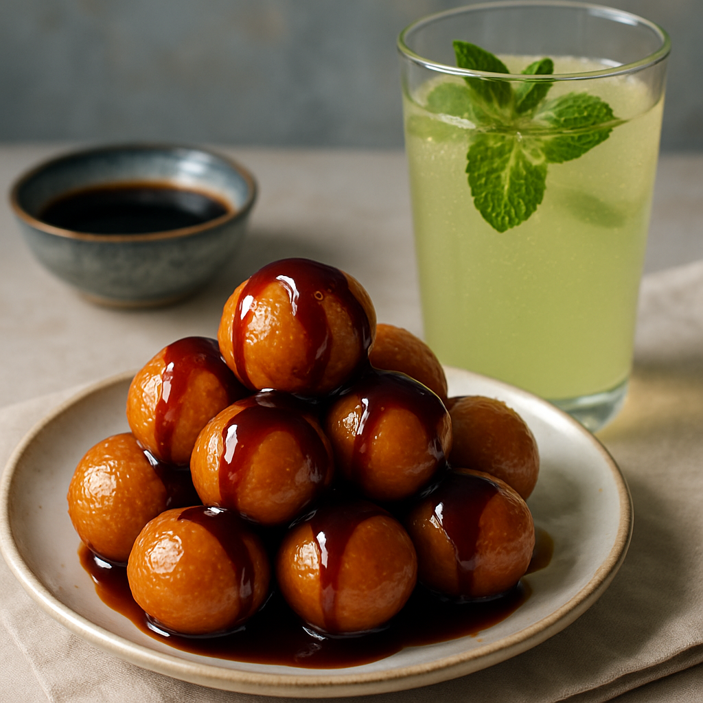 Luqaimat dessert drizzled with date syrup and a side of mint lemonade