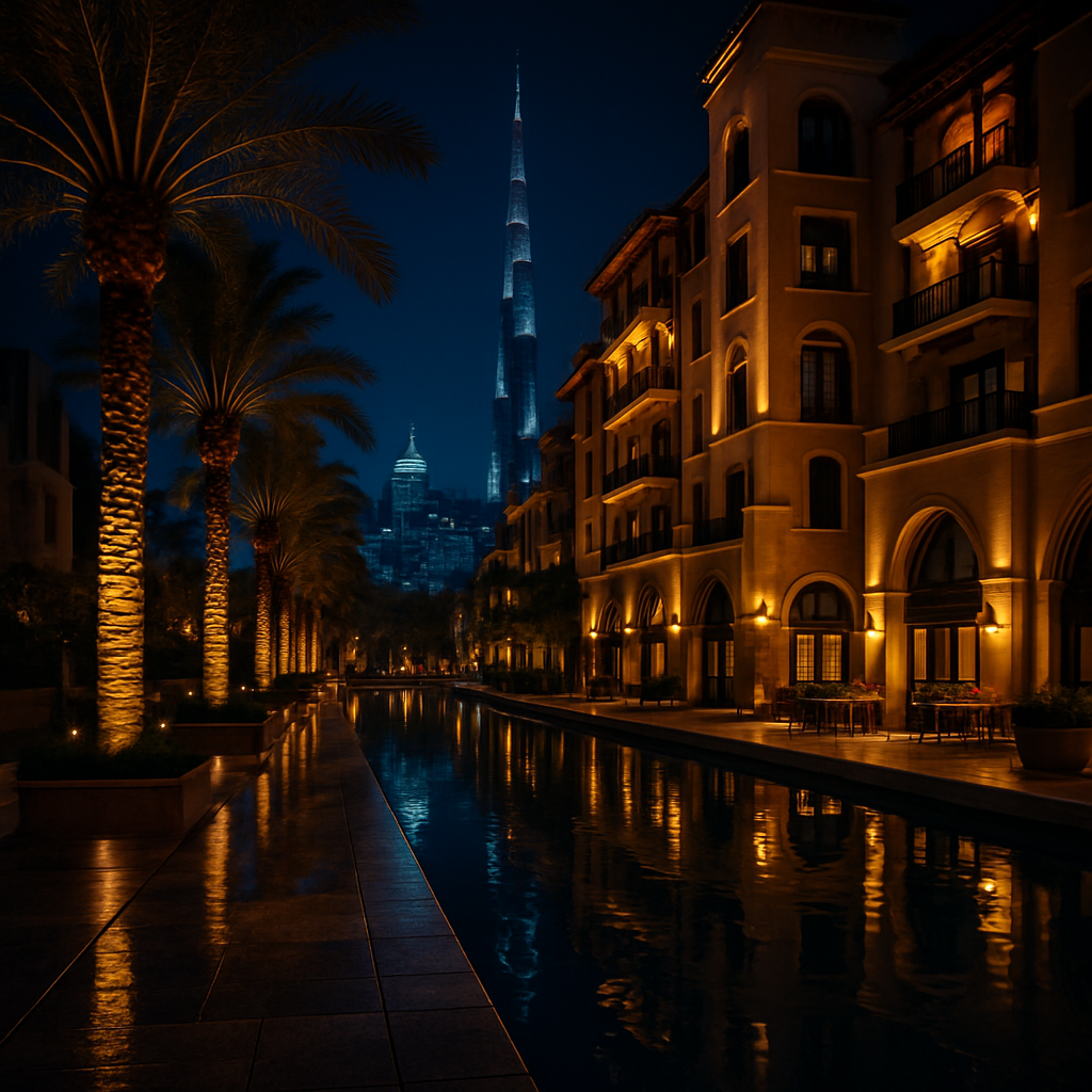 Evening view of a luxury district with modern promenades, palm-lined boulevards, and boutique hotels