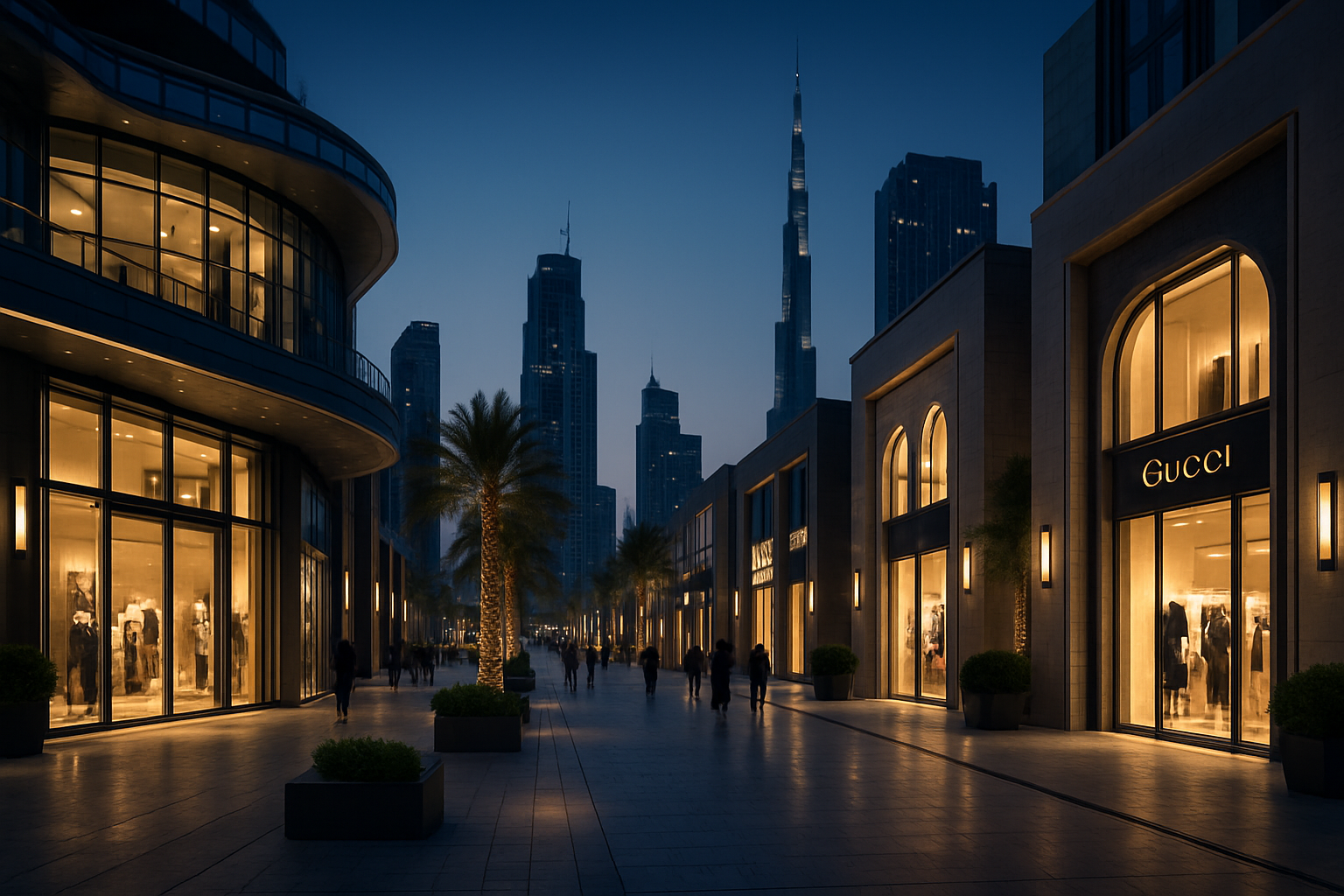Luxury shopping district in Dubai with modern architecture