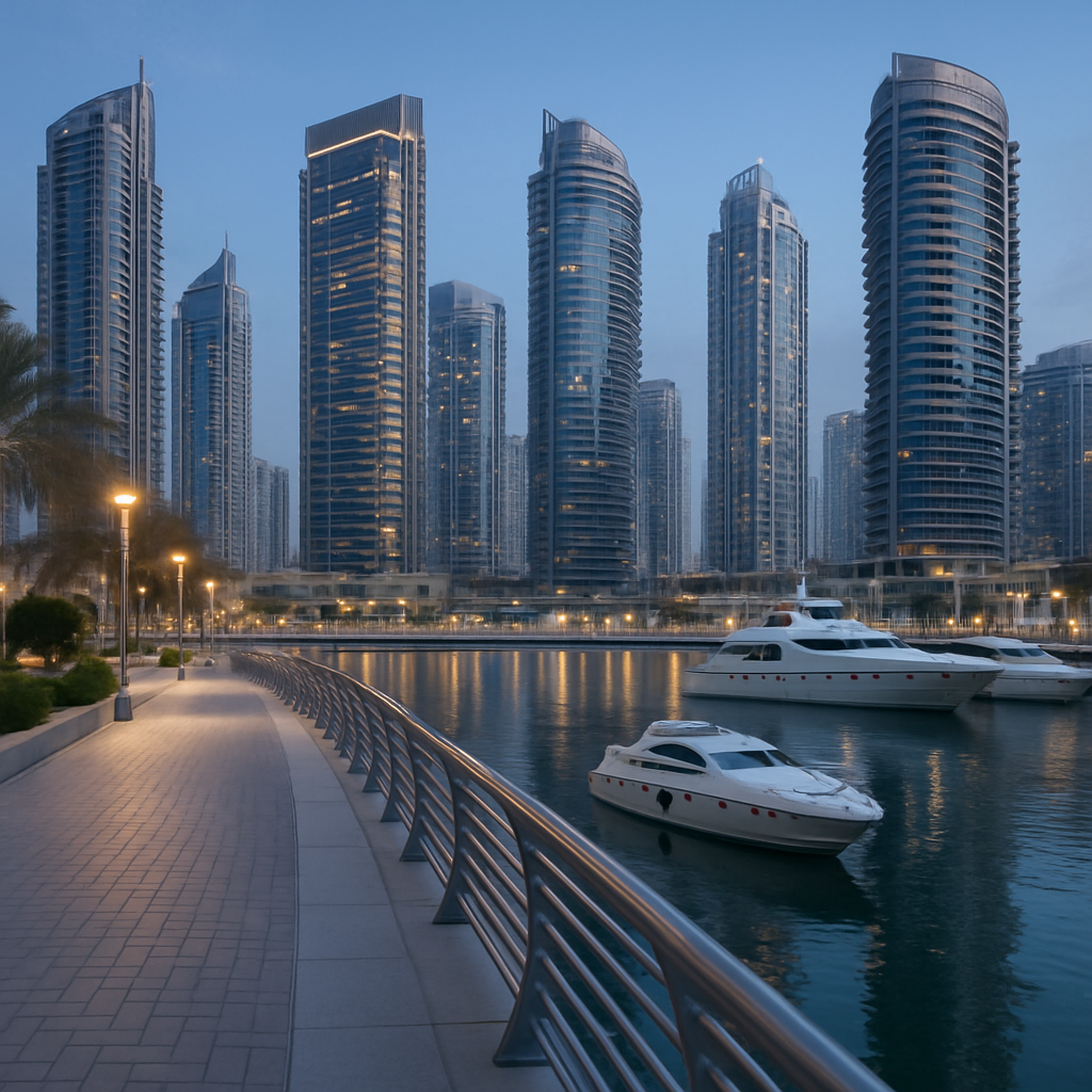 Luxury waterfront promenade with modern towers, yachts, and calm marina water