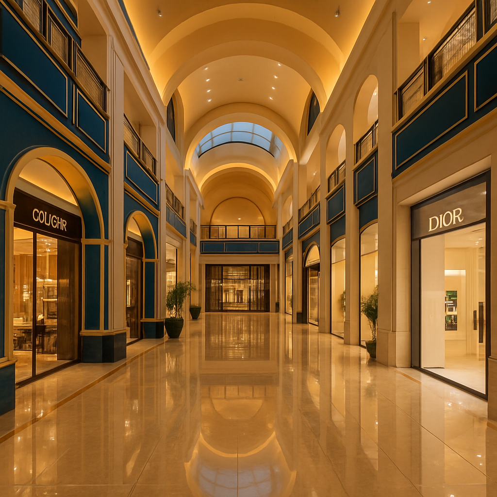 Luxurious shopping mall interior with grand lighting and modern architecture