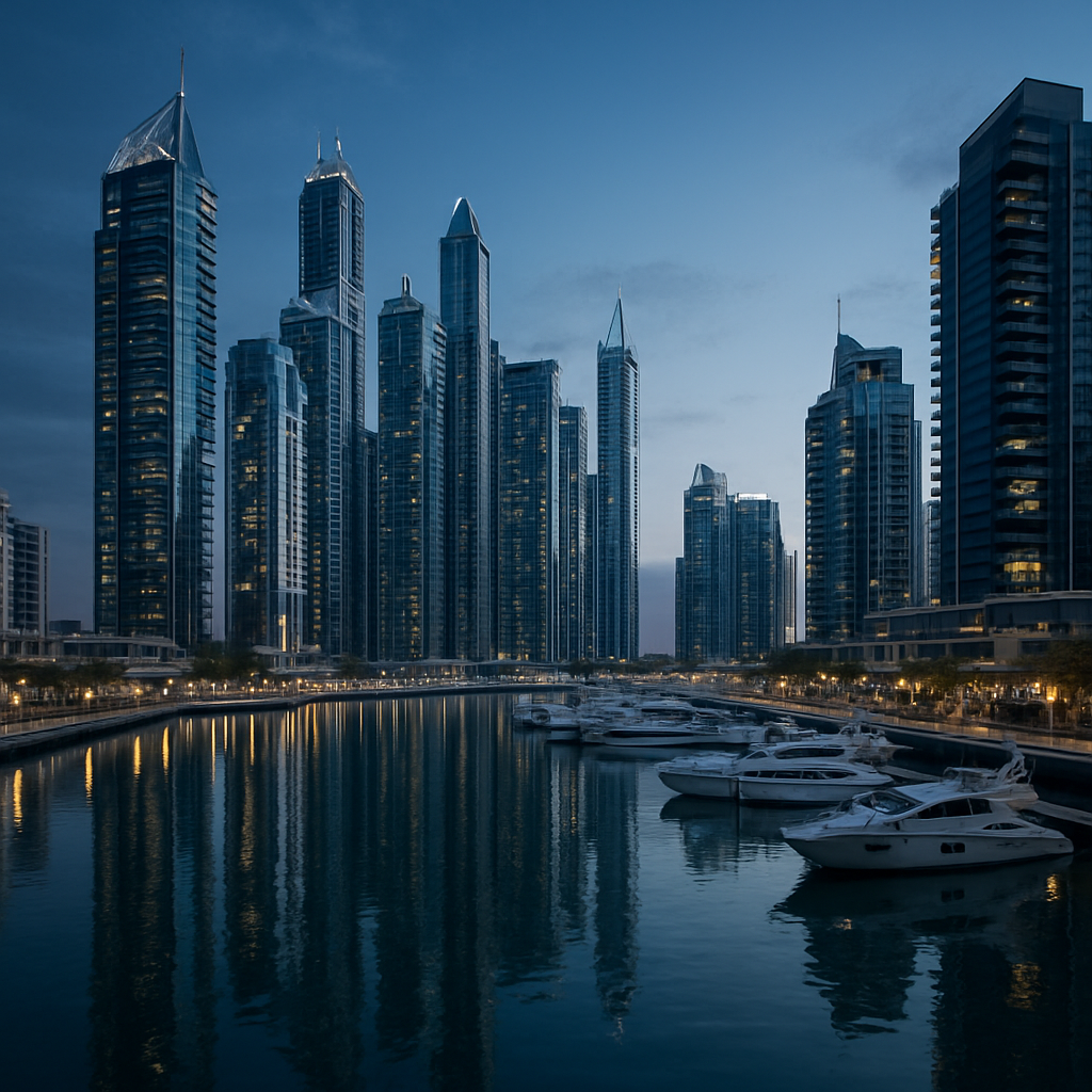 Dubai Marina skyline with glass towers reflecting on the canal at twilight