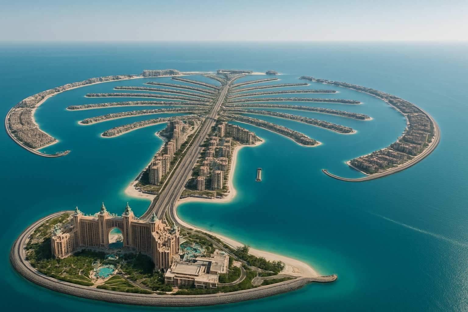 Aerial view of Palm Jumeirah with luxury resorts and turquoise water