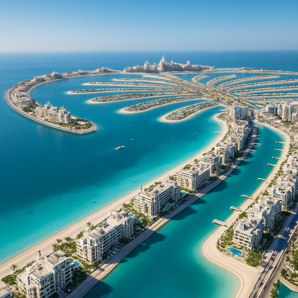 Palm Jumeirah aerial view with luxury resorts and turquoise sea