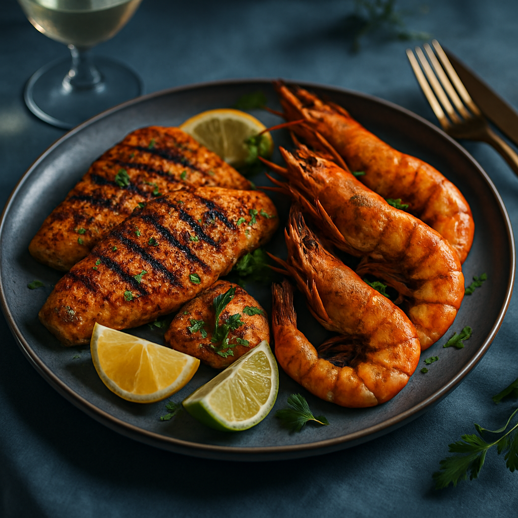 Grilled seafood platter with spices and citrus