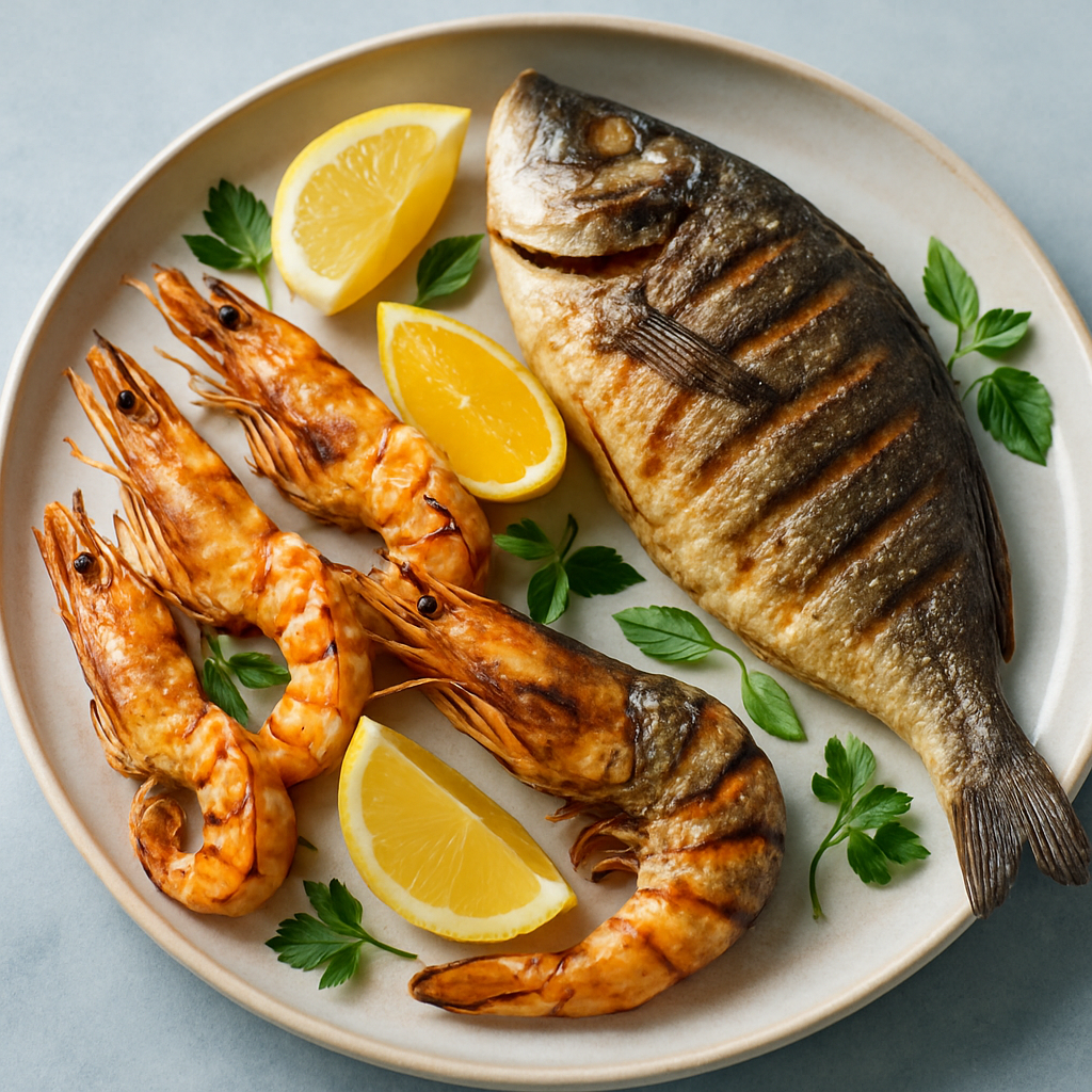 Grilled seafood platter with shrimp, fish, citrus, and herbs