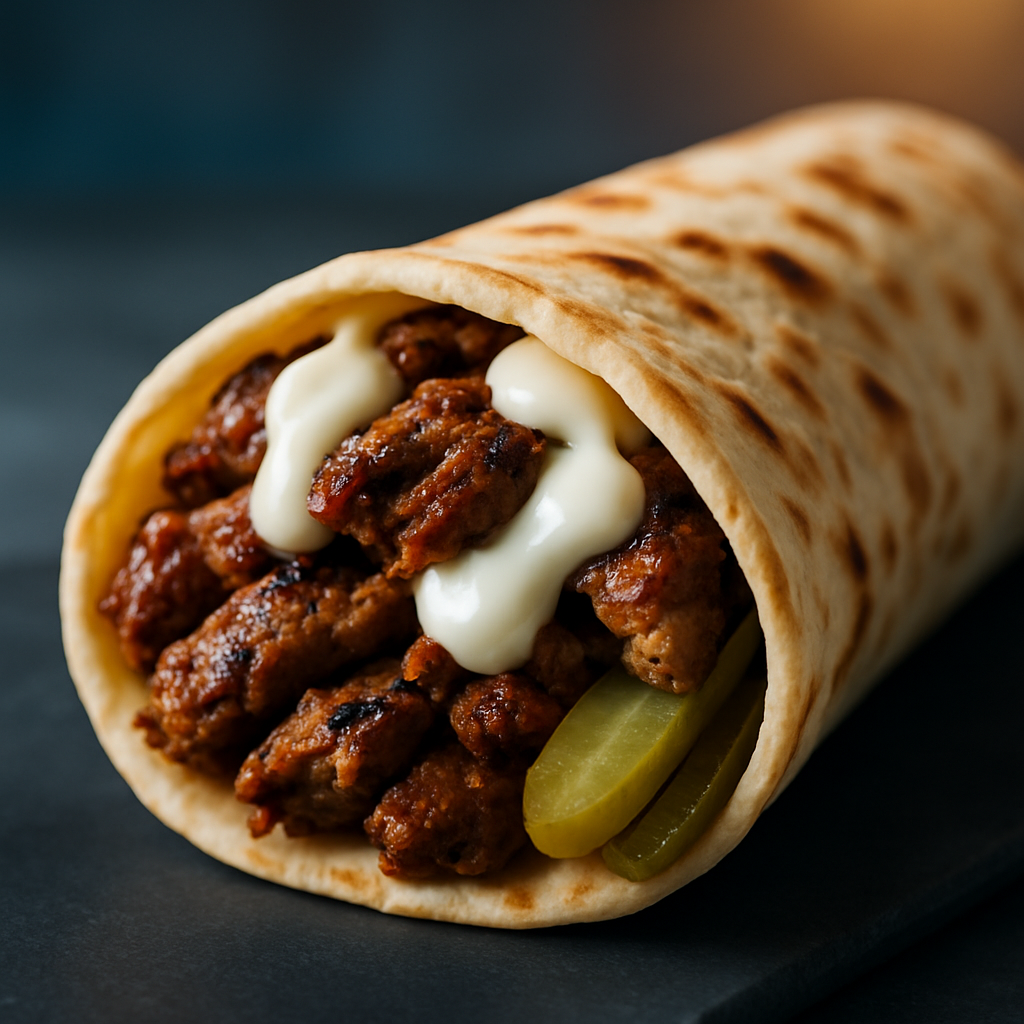 Shawarma wrap with grilled meat and garlic sauce