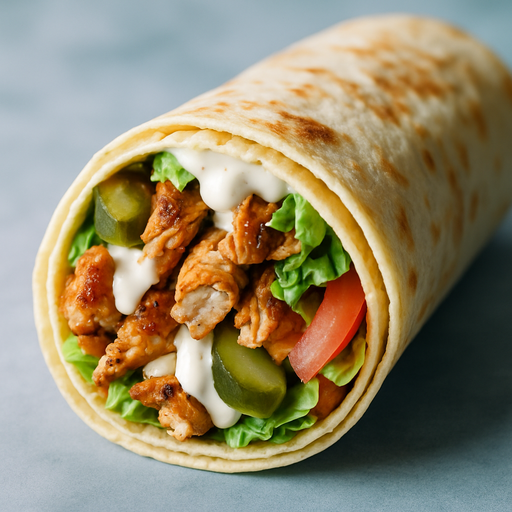 Chicken shawarma wrap with garlic sauce, pickles, and warm flatbread
