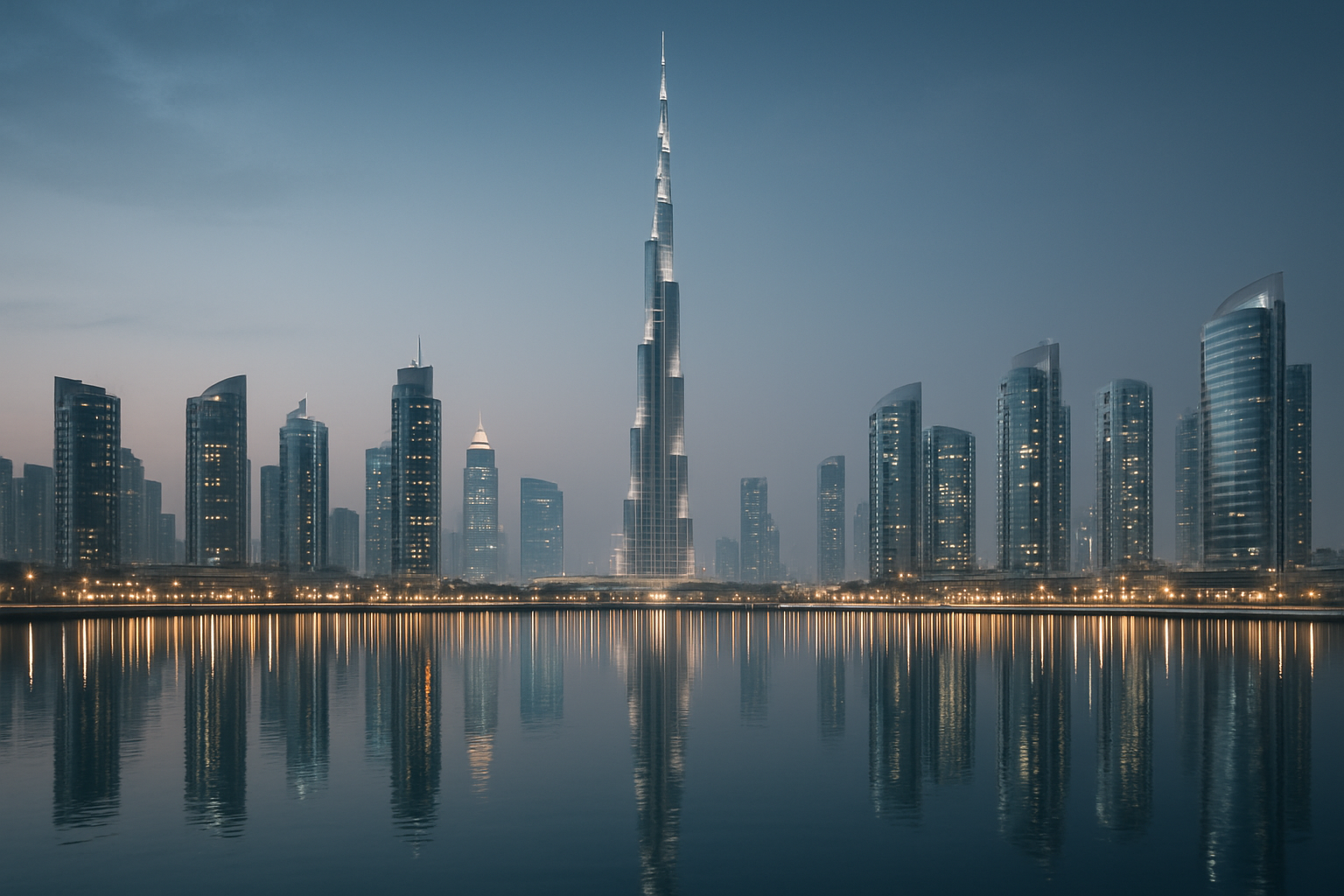 Premium modern Dubai skyline at dusk with the Burj Khalifa and illuminated waterfront towers in a cool blue palette