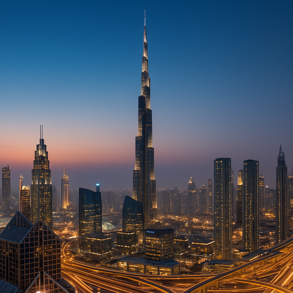 Dubai skyline with Burj Khalifa glowing at blue hour