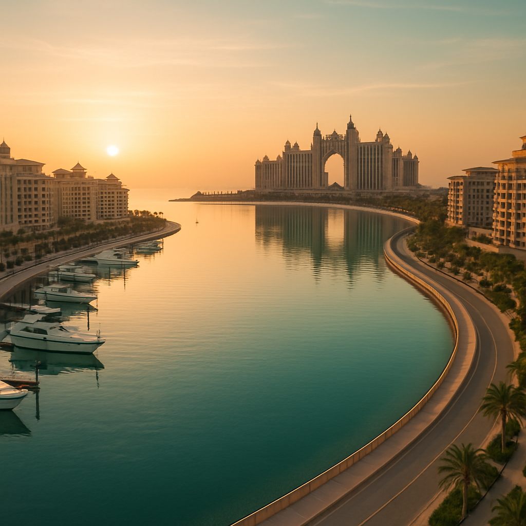 Palm Jumeirah waterfront with yachts and luxury hotels at sunset