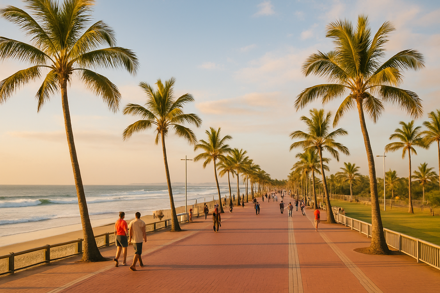 Durban beachfront promenade with warm ocean light