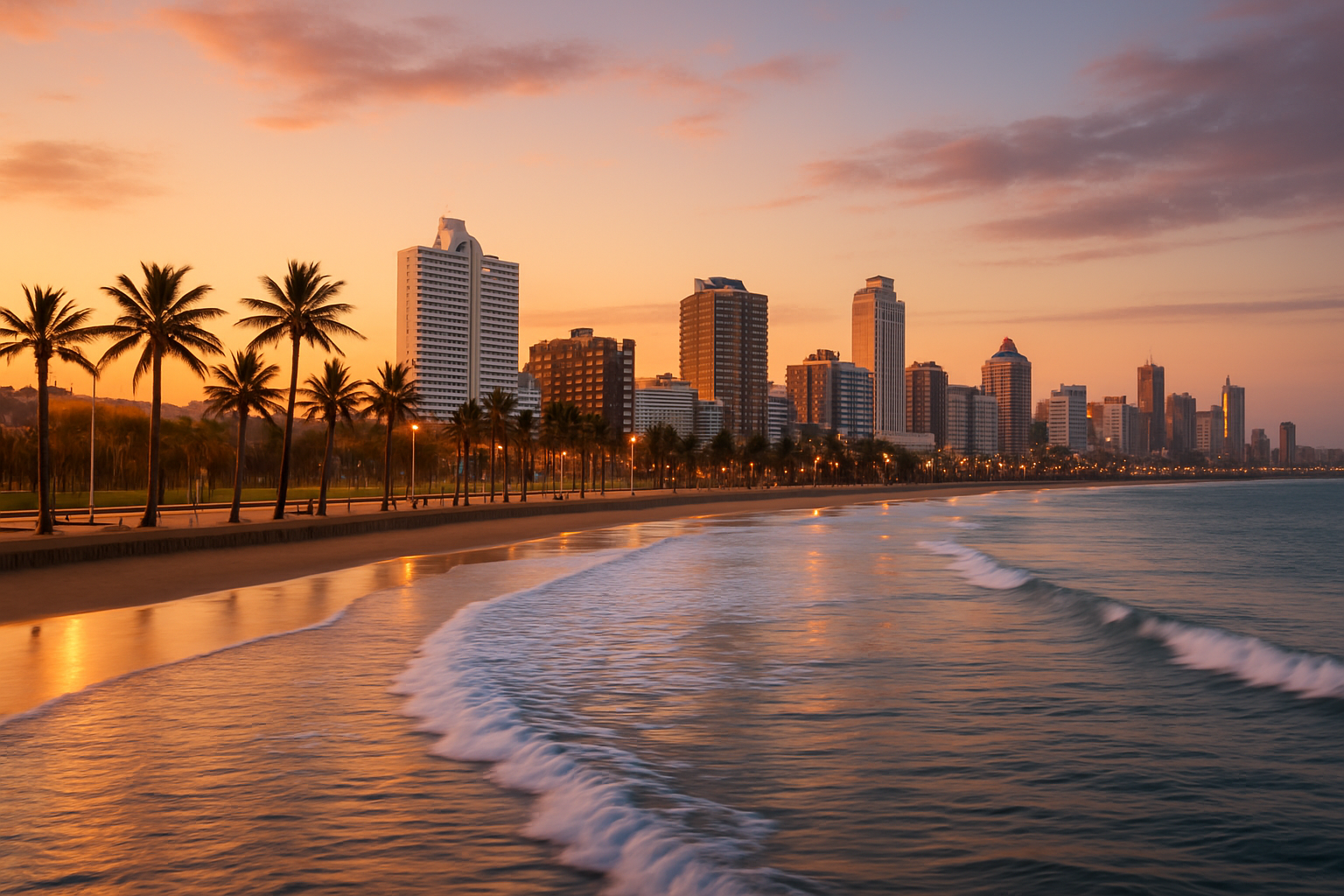 Durban beachfront skyline with warm evening light