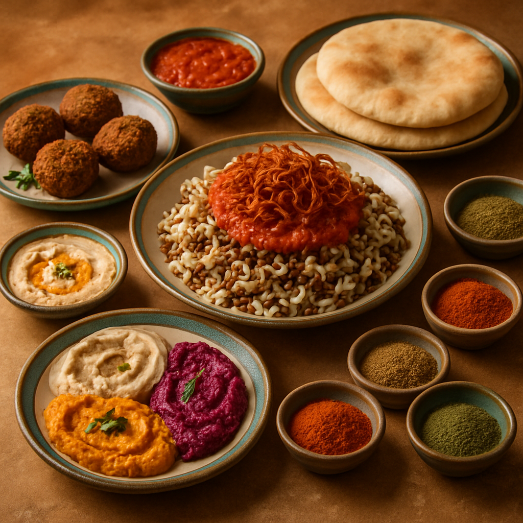 Traditional Egyptian meal with koshari, falafel, flatbread, and colorful mezze on a warm-toned table