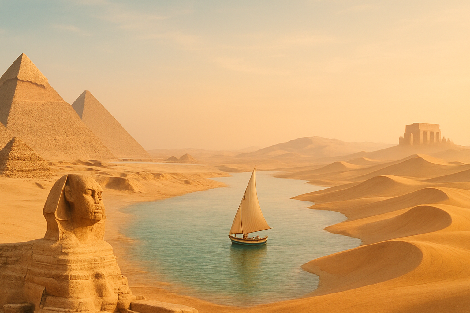 Panoramic view combining the Pyramids of Giza, the Nile River, desert dunes, and a historic temple at sunset