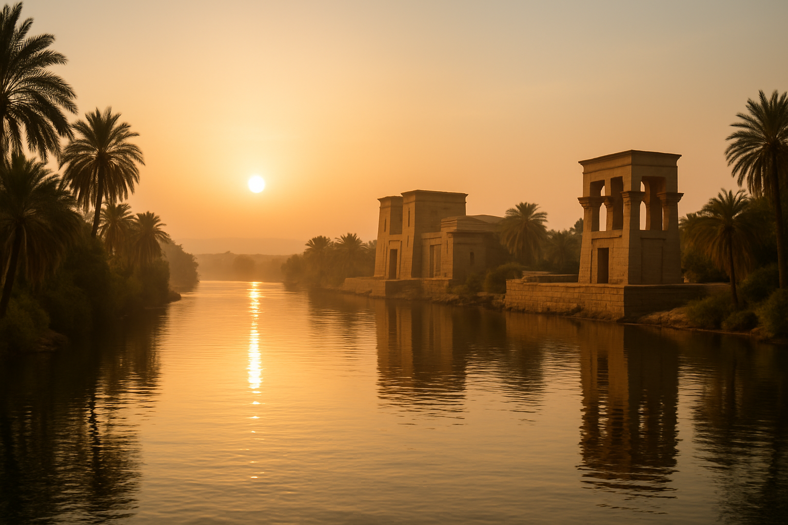Sunrise over the Nile with temples in Egypt