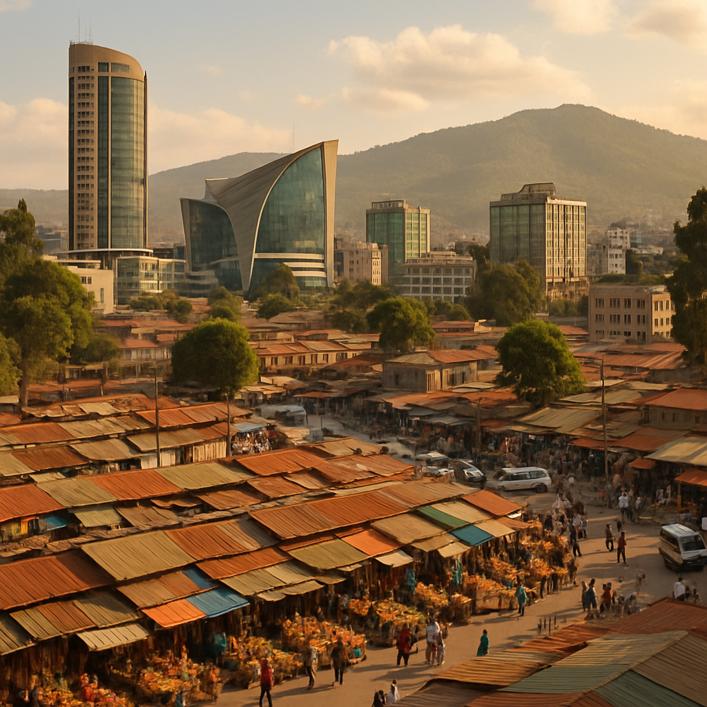 Addis Ababa cityscape with green hills and bustling markets
