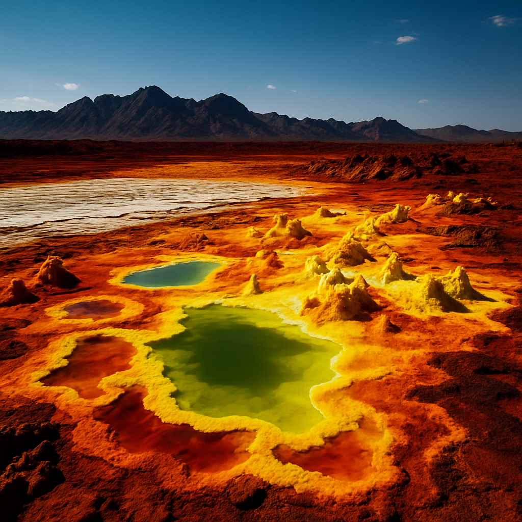 Colorful salt flats and volcanic landscape in the Danakil Depression