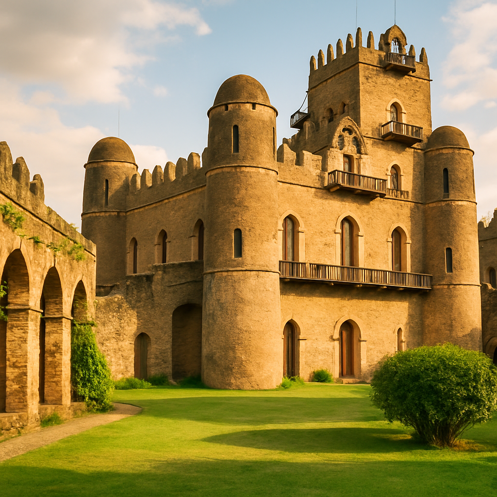 Gondar castles with stone walls and green courtyards