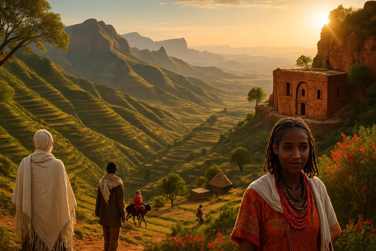 Ethiopian highlands with ancient churches, desert horizons, and cultural scenes