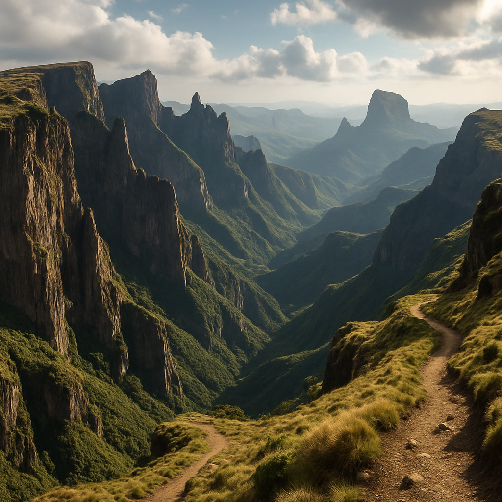 Simien Mountains with jagged cliffs and trekking paths