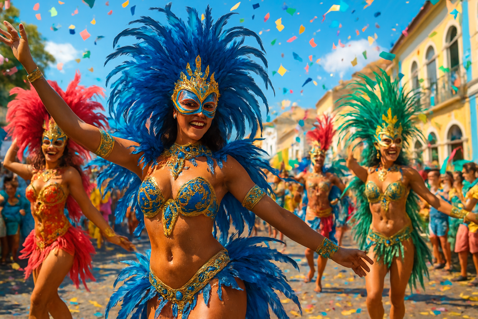 Colorful Brazilian carnival parade with dancers and confetti