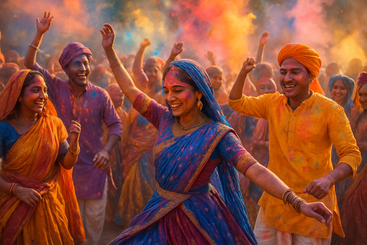 Indian festival celebration with colorful powders and traditional dancers
