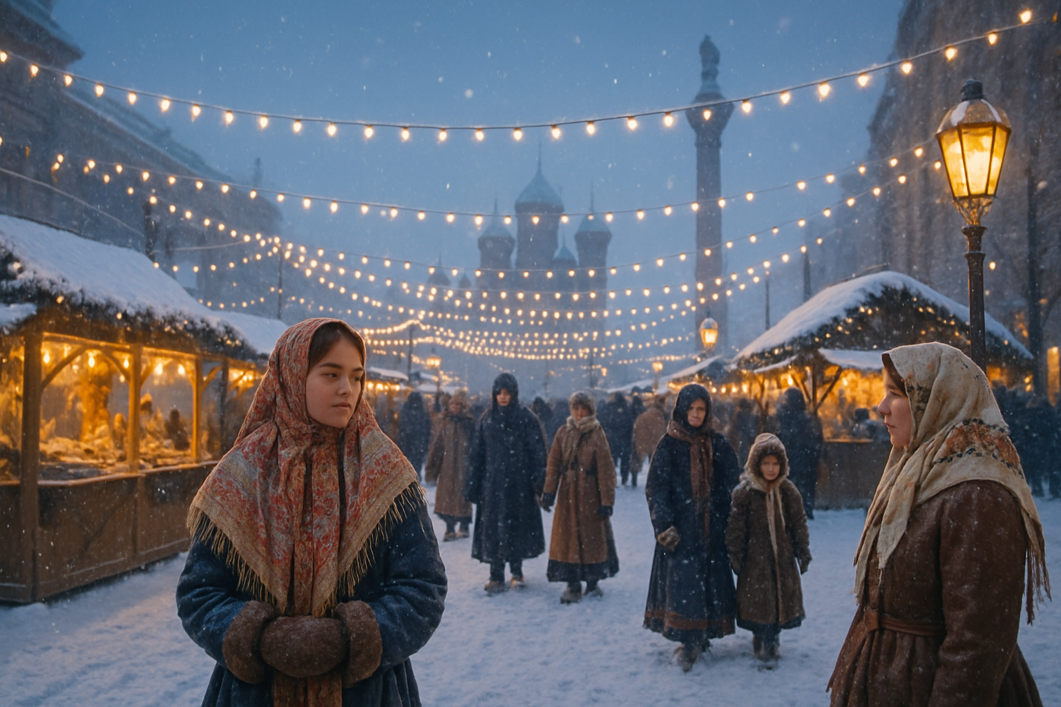 Snowy Russian winter festival with lights and traditional costumes
