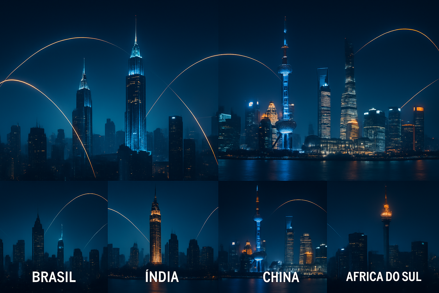Modern skyline montage with glowing connection lines linking BRICS cities