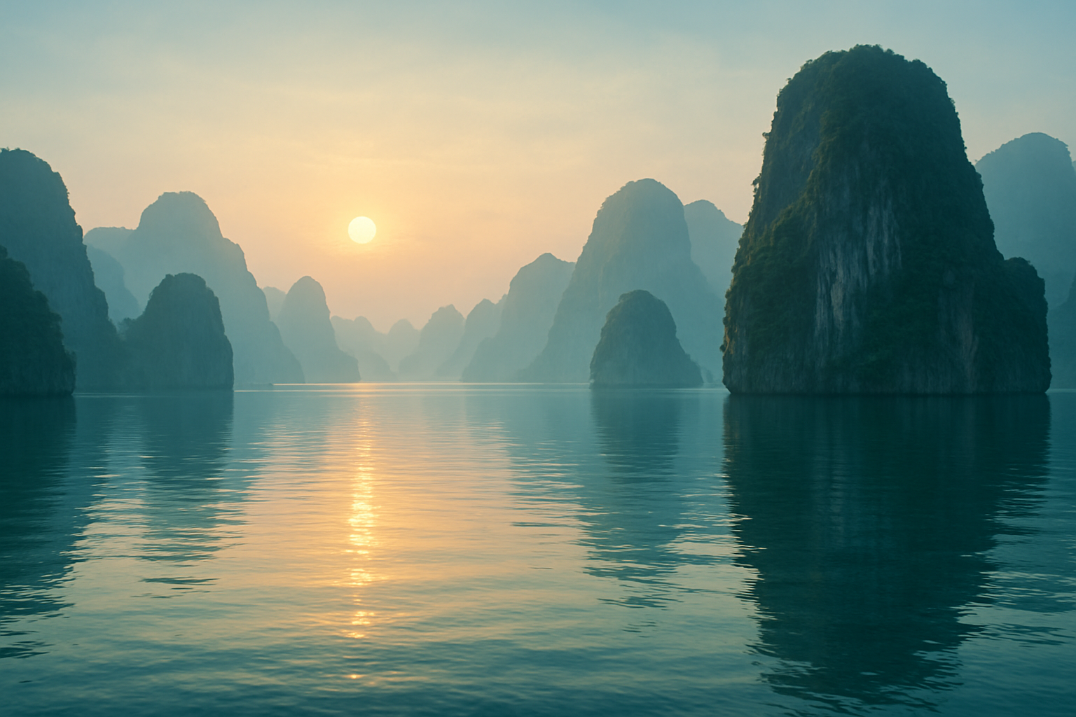 Ha Long Bay limestone islands at sunrise