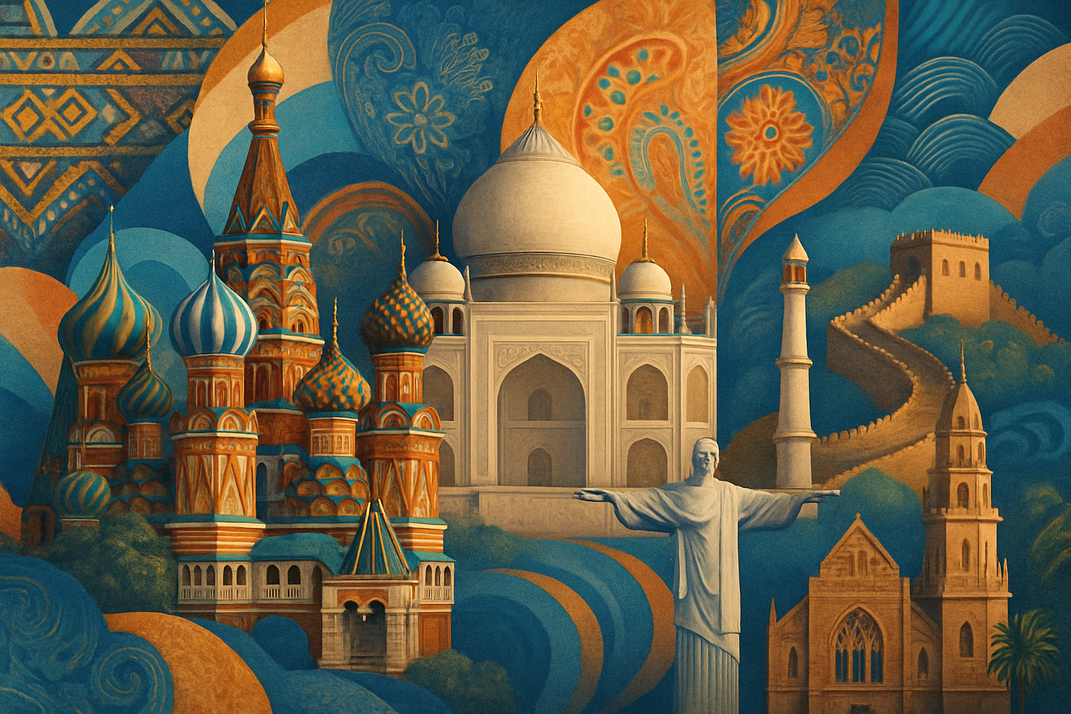 Cultural mosaic of landmarks and textiles representing BRICS diversity