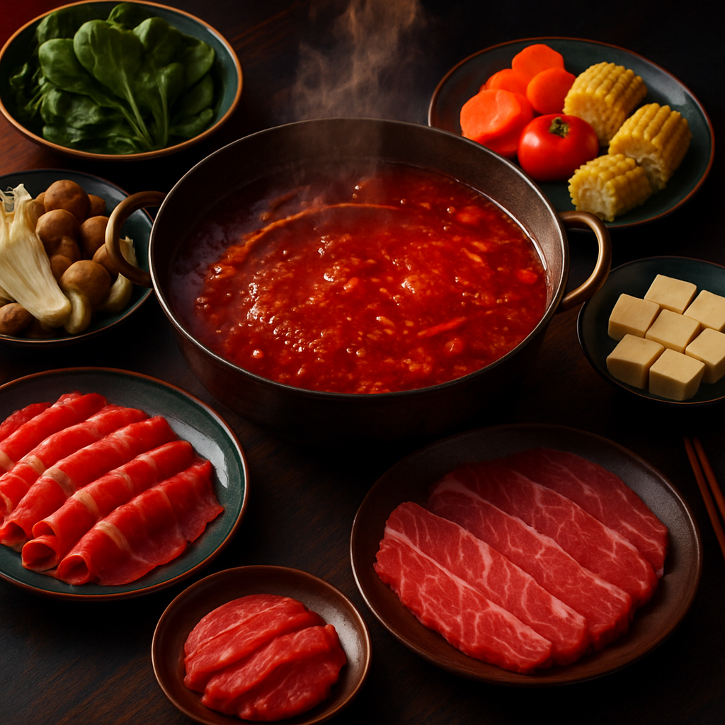 Traditional hot pot dinner with colorful ingredients