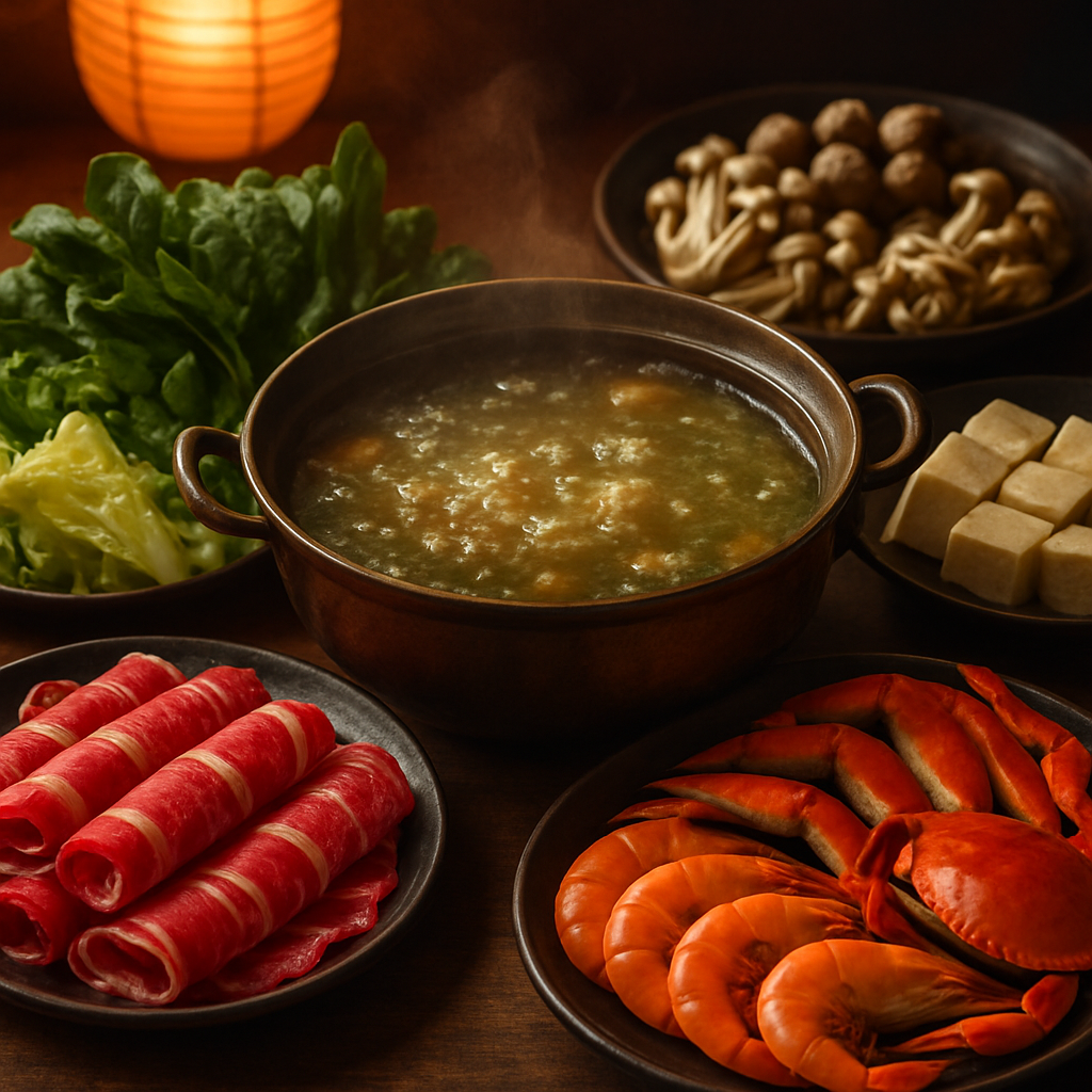 Hot pot with beef slices, seafood, and fresh vegetables