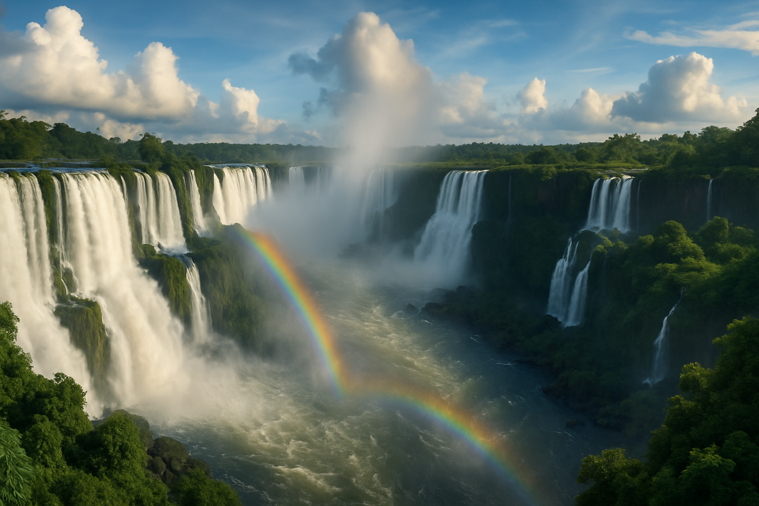 Iguazu Falls with wide cascades and mist rising above the river